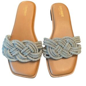 NWOT cushionaire Embellished Braided Slide Sandals - Silver Crystal on Tan